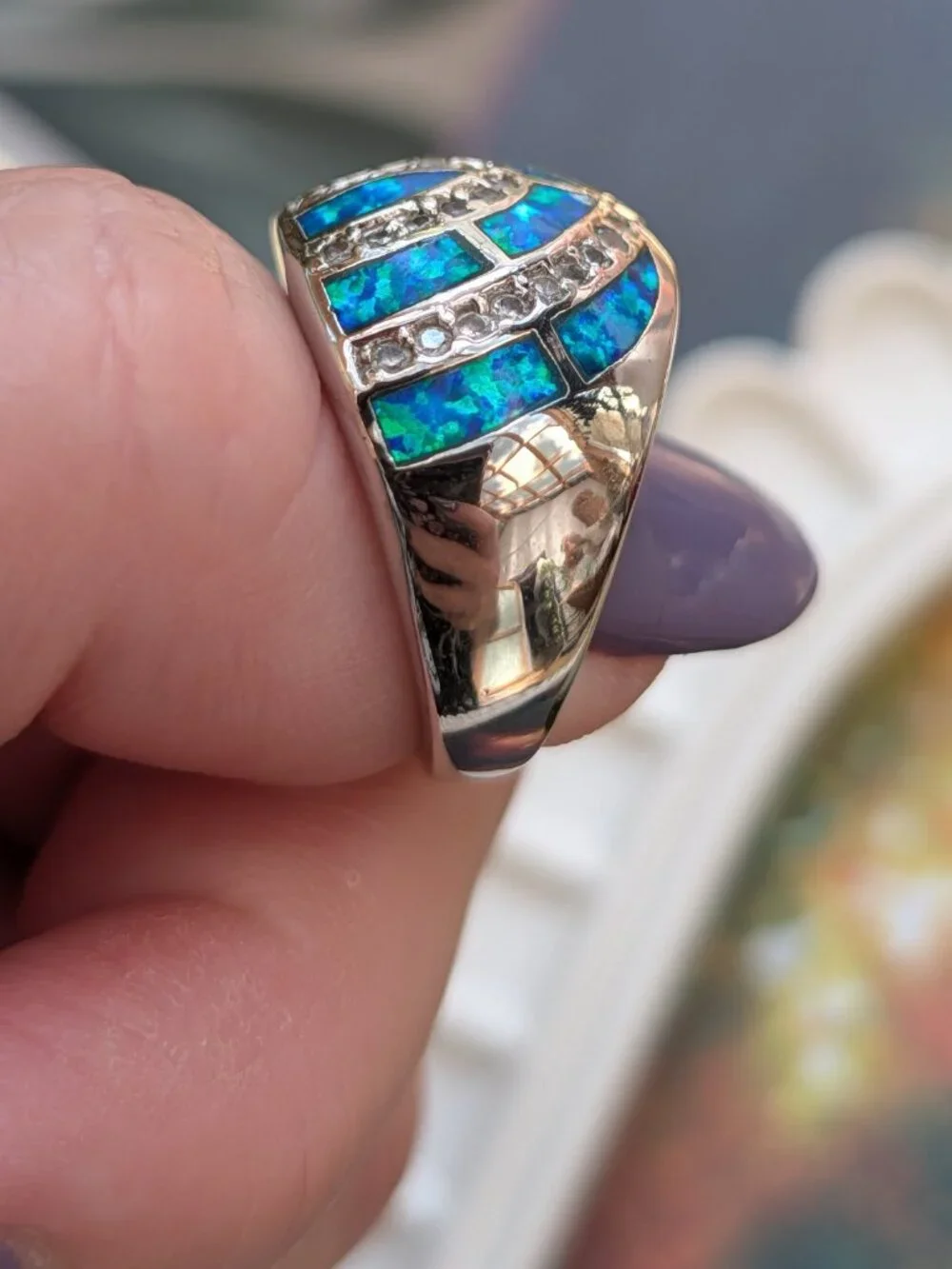 Vintage Sterling Silver & Blue Rainbow Opal Triple Arch Ring, Size 6